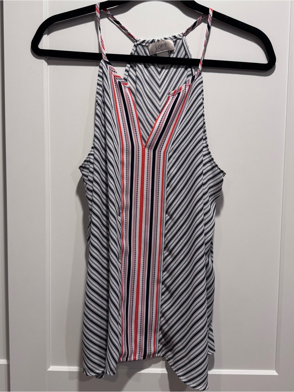 LOFT Navy & Coral Striped V-Neck Halter Tank